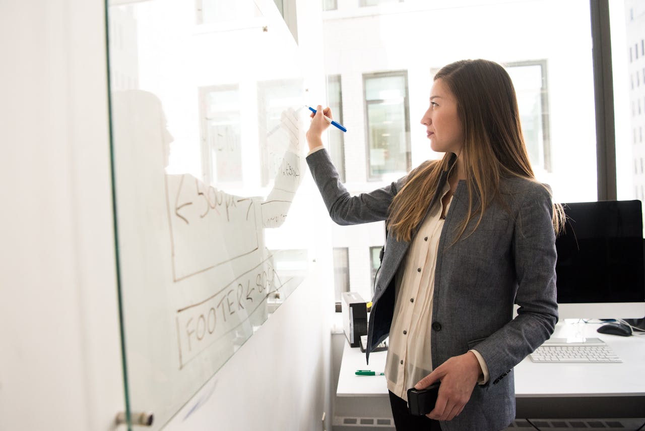 Office woman writing on white board