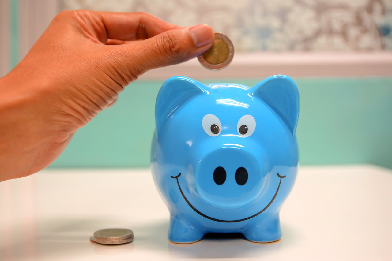 Person inserting coin into piggy bank